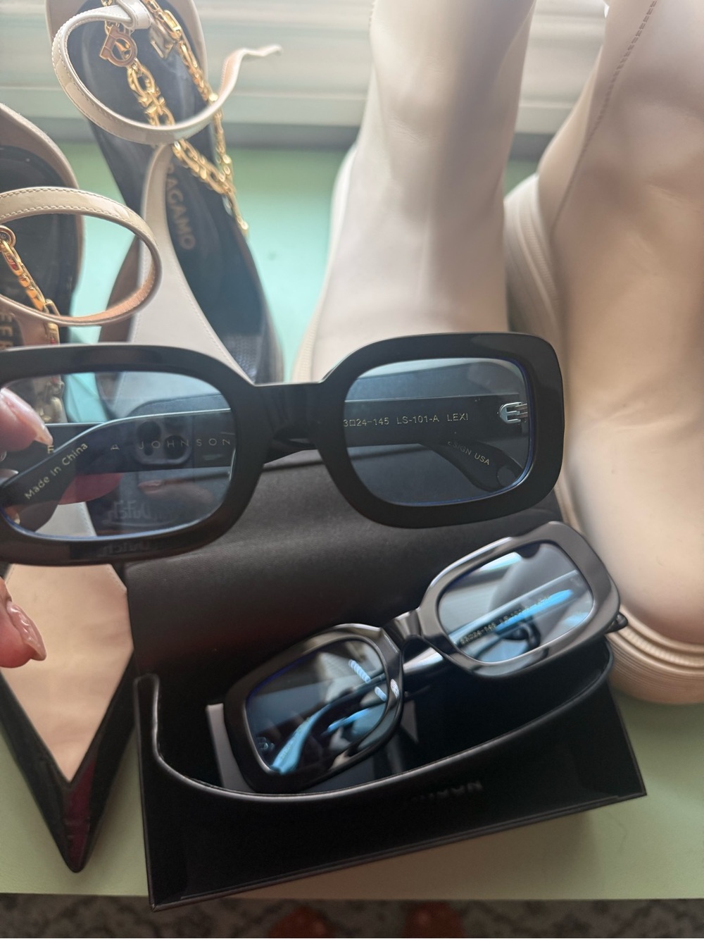 Elisa Johnson Lexi Blue Lens Glossy Black Rectangle Sunglasses - Picture 6 of 6
